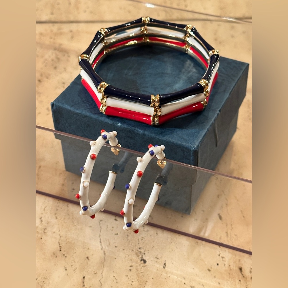 3 enamel bracelets red, white, & blue + hoop earrings to match